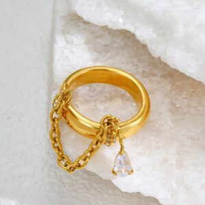 Fashionable Exquisite Chain Waterdrop Zircon Ring, Versatile & Tarnish-Resistant